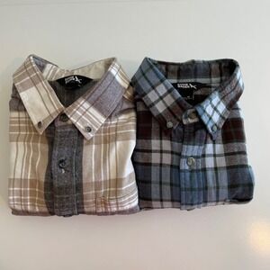 Eddie Bauer Mens Medium Flannel Shirt Button Up Plaid Casual Brown Blue Lot of 2